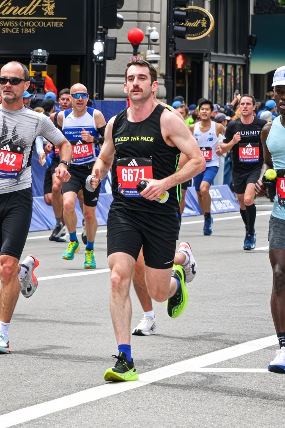 Kyle Bergman running the Boston Marathon in a Keep The Pace singlet, holding a water bottle of LEVELEN